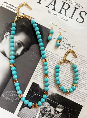 欧美中古民族风vintage复古气质蓝松石串珠短款项链手链耳环套装