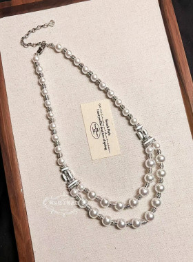 欧美宫廷风中古vintage复古气质铜镀白金滴油琉璃珍珠耳环项链女