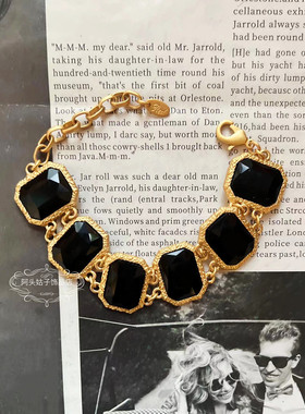 欧美宫廷中古风vintage复古气质黑色方形几何金属项链手链耳环女