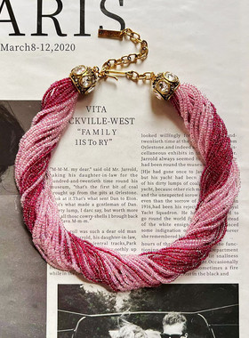 欧美中古风vintage复古玫粉双色麻花缠绕米珠水钻多层项链耳环女