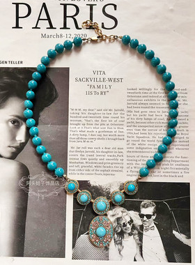 欧美宫廷风中古vintage复古气质做旧蓝色松石闪钻串珠项链耳环女