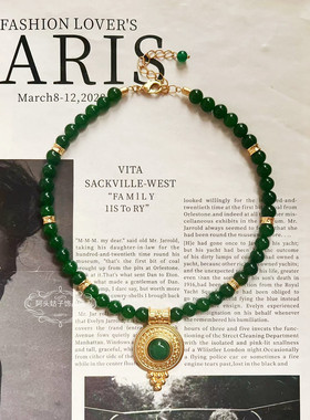 欧美宫廷中古vintage复古气质圆形绿色天然石串珠项链耳环套装女