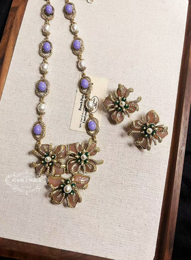 欧美宫廷风中古vintage复古气质做旧粉色珍珠花朵闪钻项链耳环女