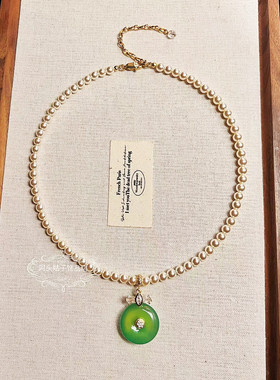 欧美宫廷中古vintage复古气质绿色平安扣闪钻珍珠项链耳环套装女