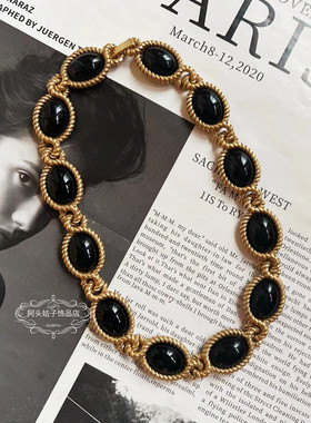 欧美中古复古黑色椭圆项链手链女