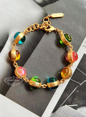 欧美中古复古彩色琉璃项链手链女