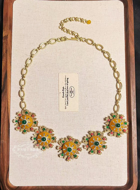 欧美宫廷中古vintage复古气质做旧天然石玛瑙闪钻项链耳环套装女