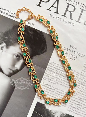 欧美中古风绿色莱茵石项链耳夹女