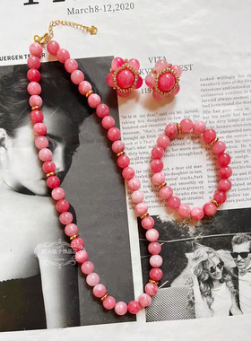 欧美宫廷vintage复古气质粉色天然石串珠项链手链花朵耳环耳夹女