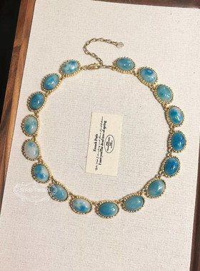 欧美宫廷中古vintage复古气质蓝色天然石椭圆做旧短款项链耳环女