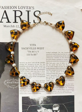 欧美宫廷风复古气质亚克力爱心蝴蝶结豹纹珍珠短款项链耳环套装女