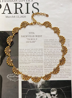 欧美宫廷风中古vintage复古气质做旧金属扇形闪钻短款项链耳环女