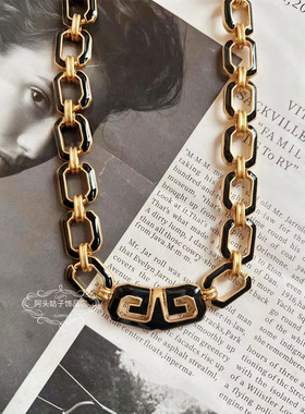 欧美宫廷风中古vintage复古气质黑色滴油几何金属镂空项链耳环女