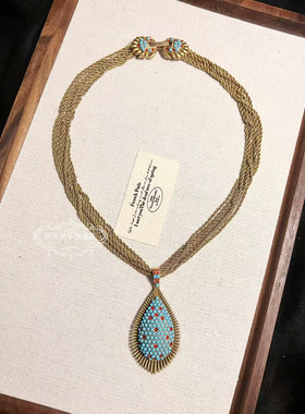欧美宫廷中古vintage复古气质铜镀金做旧水滴羽毛多层项链耳环女