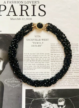 欧美宫廷风中古vintage复古气质黑色水晶串珠多层短款项链耳环女