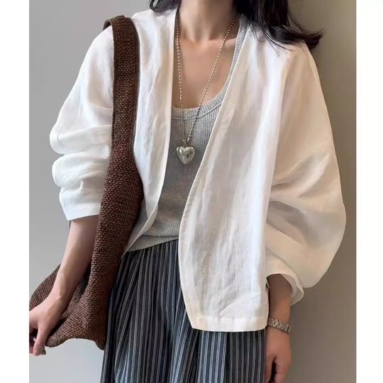 高级感苎麻开衫外套女2025年夏季新款法式轻奢防晒衫长袖衬衫上衣