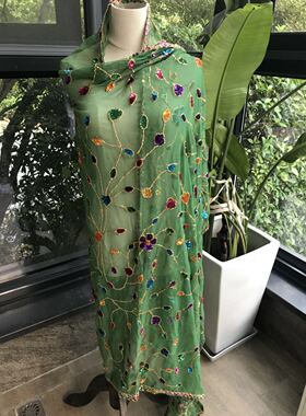 新款印度进口老纱丽手工亮片钉珠刺绣古董披肩头盖百搭saree