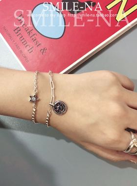 韩国进口纯银别针圆牌五角星手链