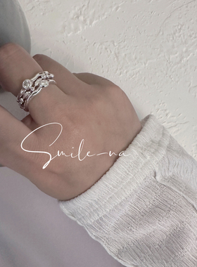 韩国进口S925纯银镂空镶钻米粒珠多层肌理面开口戒指女指环