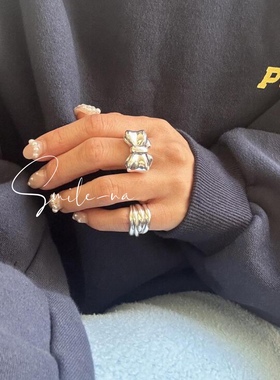 韩国进口小众设计夸张手工复古做旧戒指可爱蝴蝶结立体戒指指环