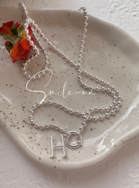韩国进口小众设计款925纯银圆珠银珠H字母简约百搭时尚项链锁骨链