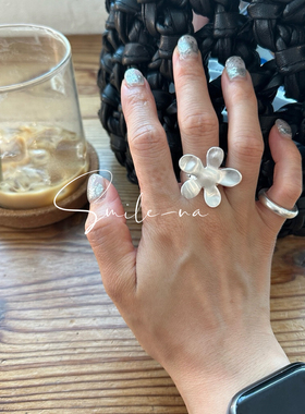 韩国进口925纯银立体花朵造型拉丝面纹路简约可调节食指戒指指环