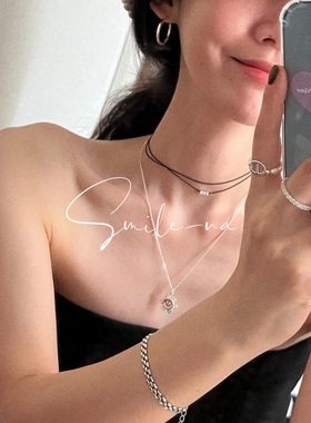 韩国进口S925纯银双层黑绳车轮银珠子吊坠女时尚百搭锁骨链颈链