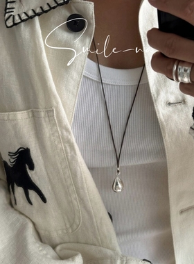 韩国进口S925纯银水滴吊坠时尚百搭简约抽拉绳项链毛衣链女