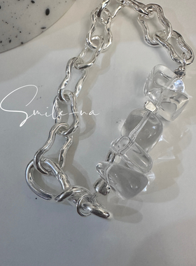 韩国进口小众设计师款925纯银天然透明水晶拼接时尚百搭手链手环