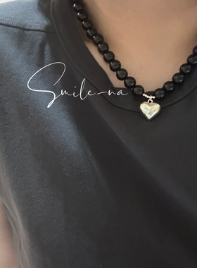 韩国进口925纯银天然黑色玛瑙珠爱心吊坠时尚复古百搭项链锁骨链