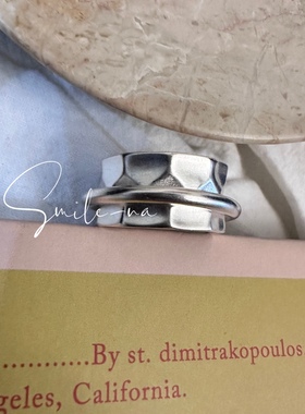 韩国进口小众设计款925纯银肌理面凹凸面时尚宽面套圈戒指指环