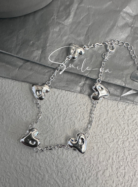 韩国进口925纯银小众设计简约气质凹凸面不规则爱心实心手链手环