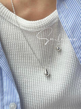 韩国进口925纯银珠实心水滴造型抽拉可调节长短项链锁骨链毛衣链