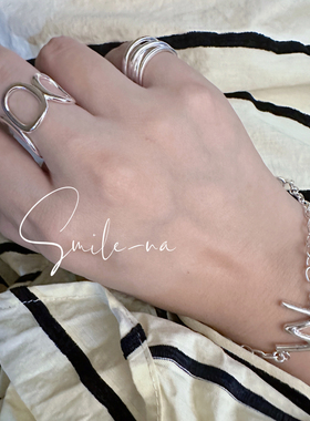 韩国进口S925纯银多层镂空交叉时尚渐变宽版开口简约戒指指环