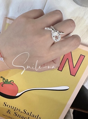 韩国进口小众款925纯银重工蝴蝶结立体实心时尚可爱开口戒指 指环