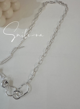 韩国进口S925纯银小众设计款不规则圆珠别针链条时尚百搭锁骨项链