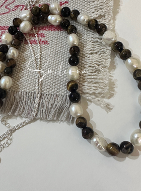 韩国进口小众款925纯银天然虎眼石吊坠不规则淡水珍珠项链锁骨链