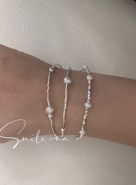 韩国进口925纯银小众设计款天然不规则淡水珍珠碎银银珠手链手环