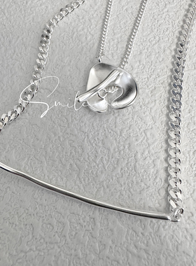 韩国进口小众设计925纯银双层哑光坦克链条两带OT扣锁骨链毛衣链