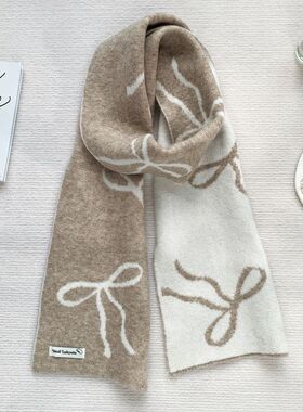 定制logo蝴蝶结甜美红色羊毛混纺淑女洋气围巾冬季保暖围脖双面