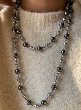 施家真多麻灰大溪地黑混彩色珍珠项链长款气质叠戴高端毛衣链颈链