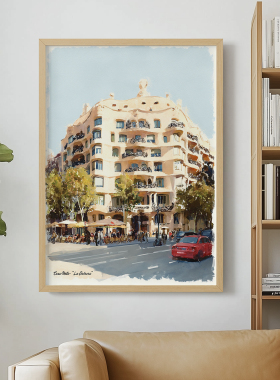 巴塞罗那客厅卧室沙发玄关墙壁风景城市装饰画挂画框油画壁画插画