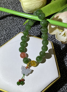 天然和田玉碧玉莲花手串女手饰碧玉手链DIY民族风串珠8mm
