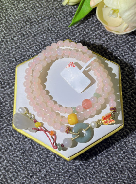 天然和田玉藕粉多圈手链翡翠扣隔珠蜜蜡粉高档藕粉手链时尚女