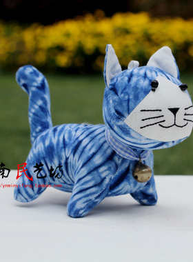 猫咪小礼品蓝染扎染铃铛小猫摆件