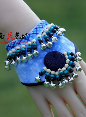 民族风女士布艺铃铛蓝染扎染手链
