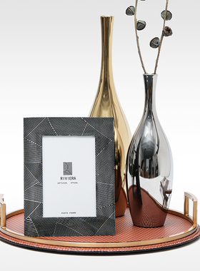 意式轻奢皮质编织纹托盘装饰摆件