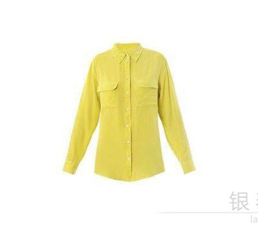 推荐OL风格LS姜黄色真丝衬衫秋冬纯色冰爽风女双口袋长袖上衣_虎窝淘