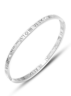 欧美不锈钢时尚手镯镂空镶钻光面女式玫瑰金不锈钢罗马数字手镯