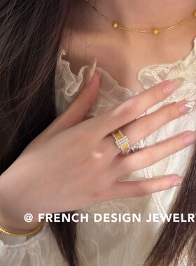 超闪轻奢高级感饰品S925纯银方形排钻戒指小众设计高贵优雅秋冬款